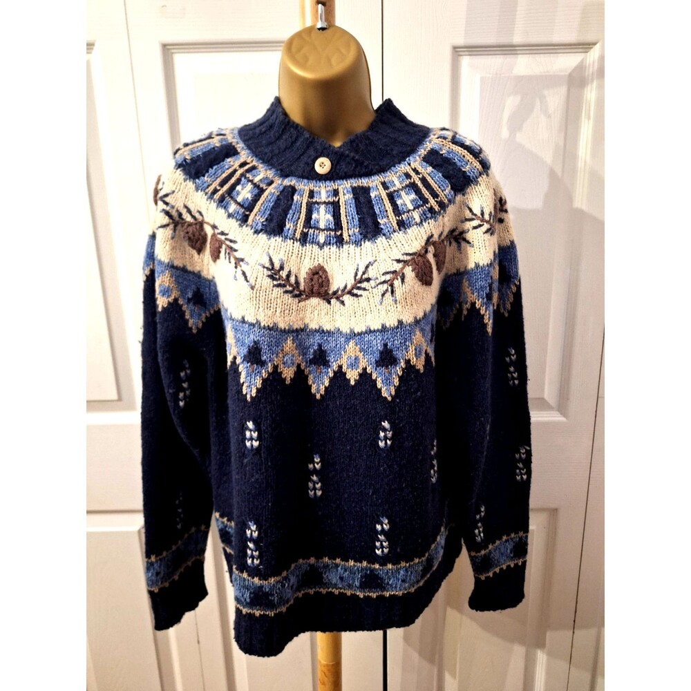 90s Wool Blend Chucky Sweater Women's M Blue Pinecone Fair Isle Fisherman Nordic